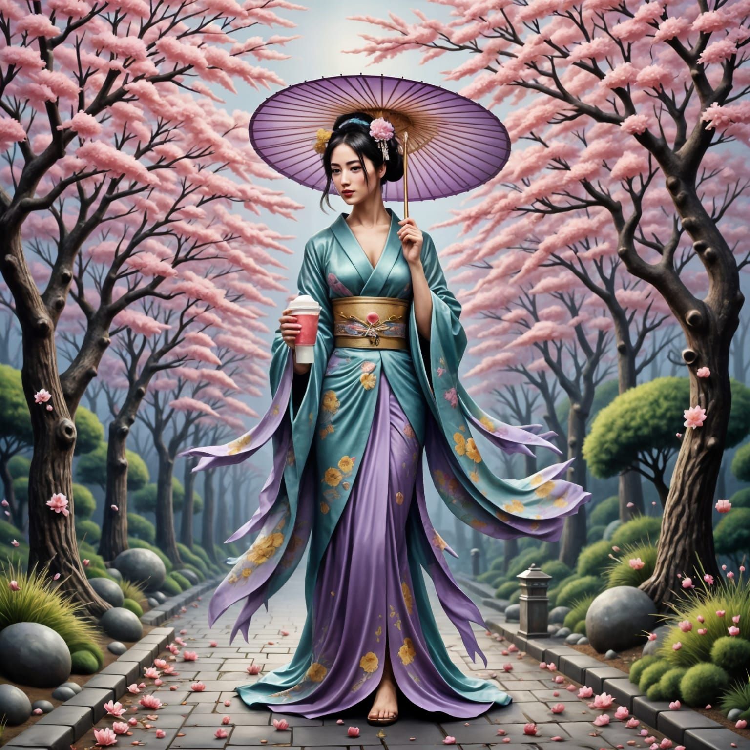 Geisha Enjoys Sakura Cherry Shaved Ice in Kimono