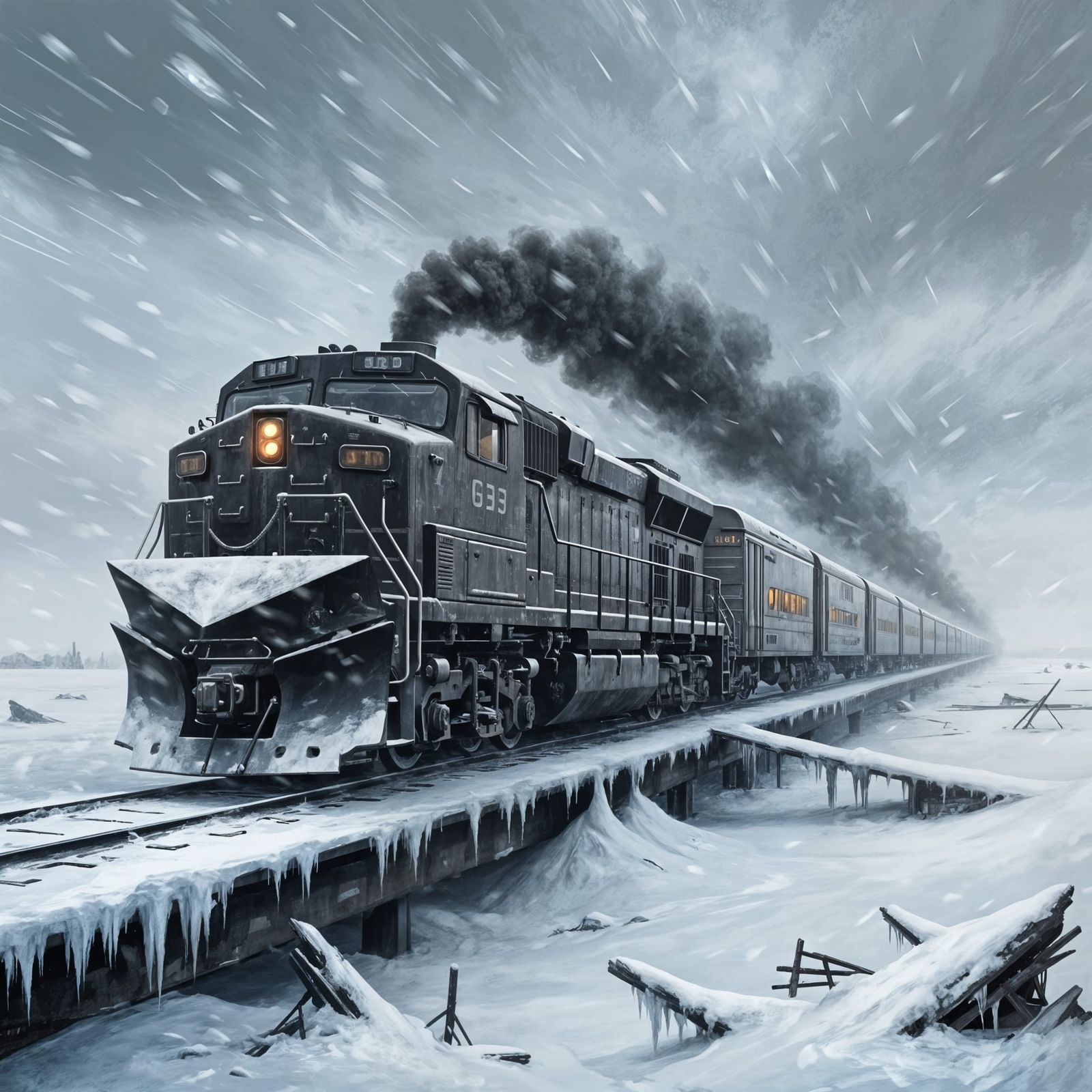 Dystopian Oil Painting: Endless Train on Frozen Wasteland