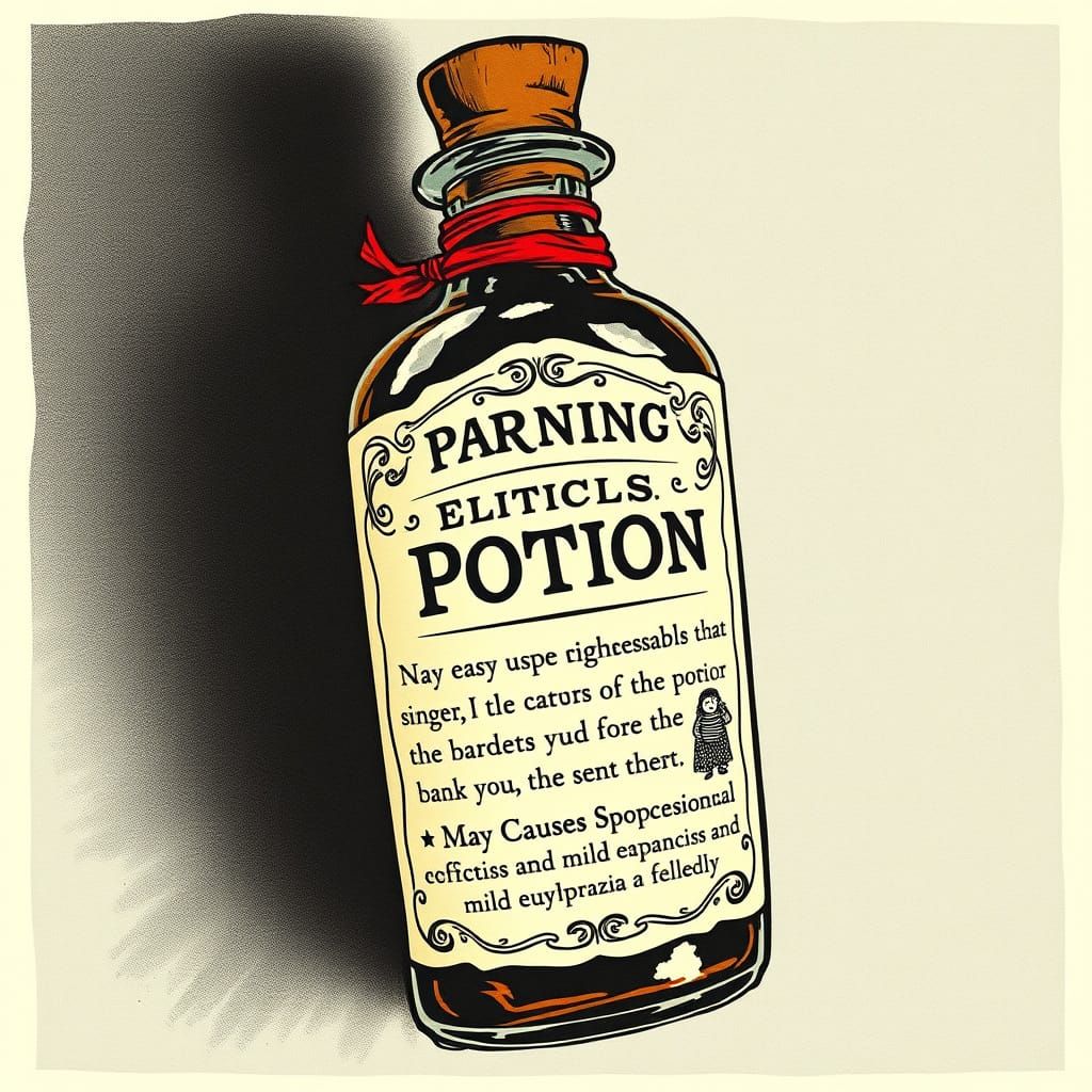 Whimsical Steampunk Potion Bottle with Quirky Warning Labels