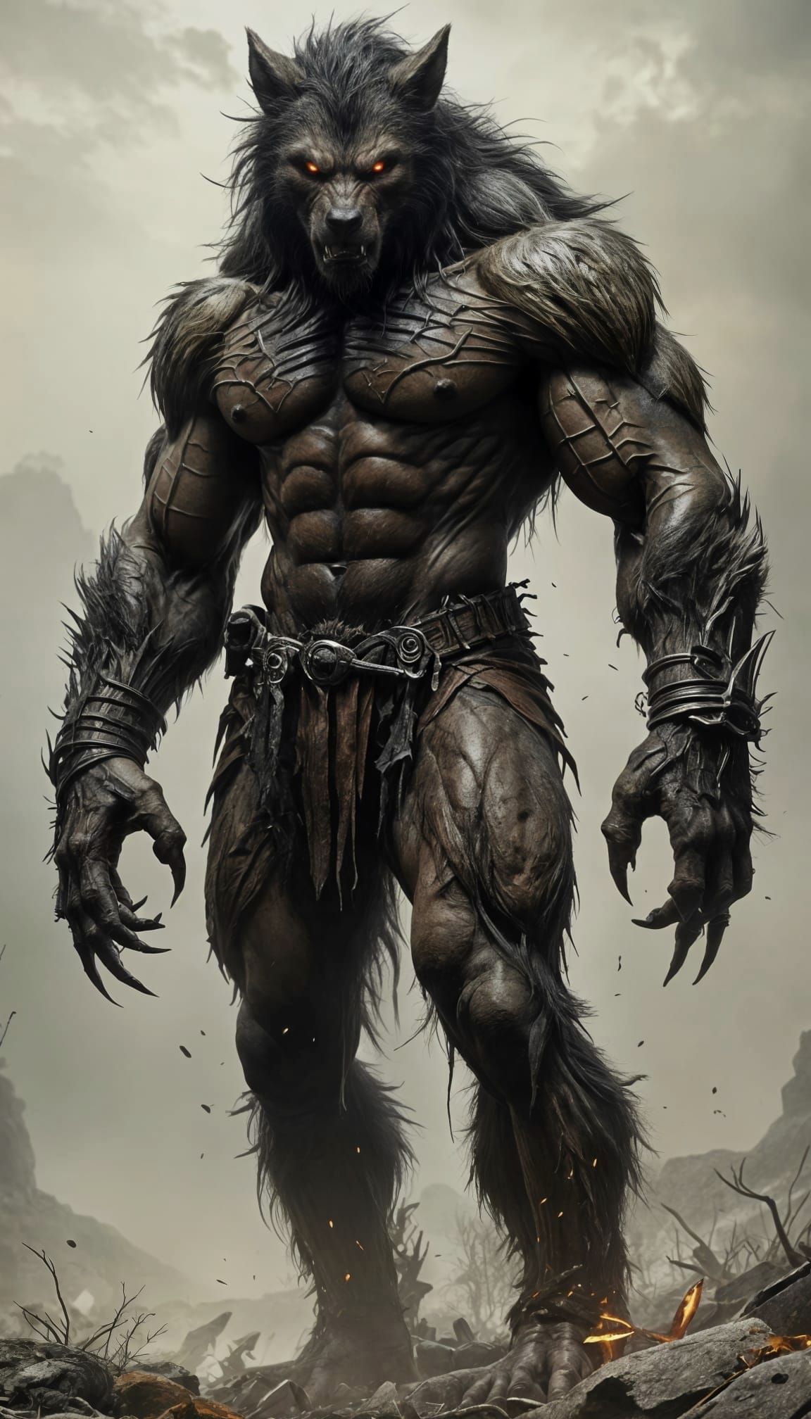 Surreal Werewolf Figure in Moody, High-Contrast Landscape