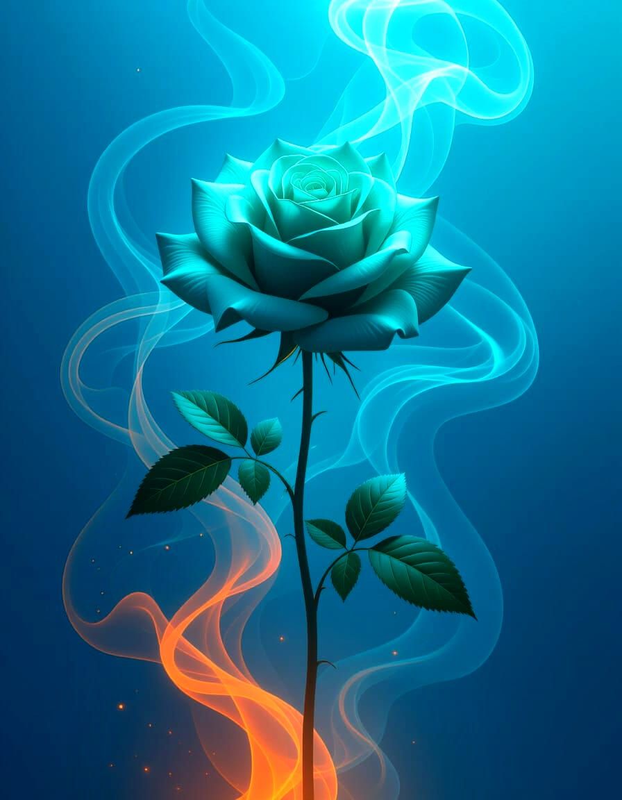 Emerald Green Rose with Blue Background and Smoke
