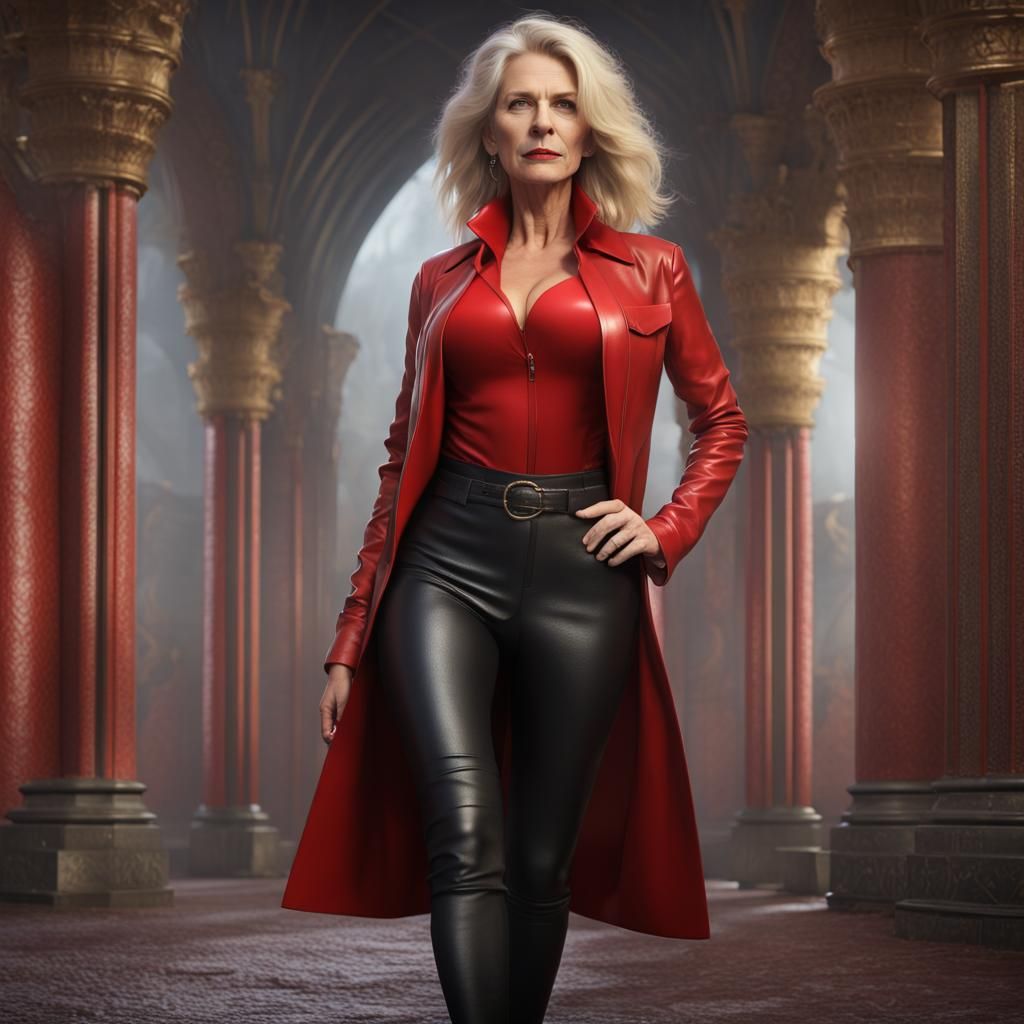 50 year old woman, blonde, tight black leather pants, red bl...