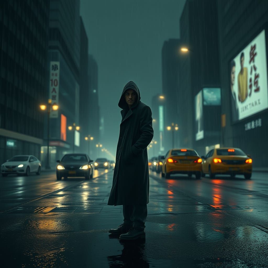 Lonely Figure Confronts Desolate City in a Mood of Disillusi...