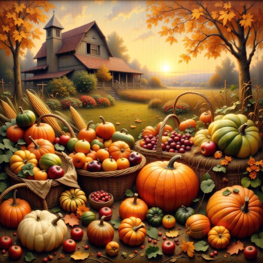 Bountiful Autumn Harvest Scene with Rustic Barn