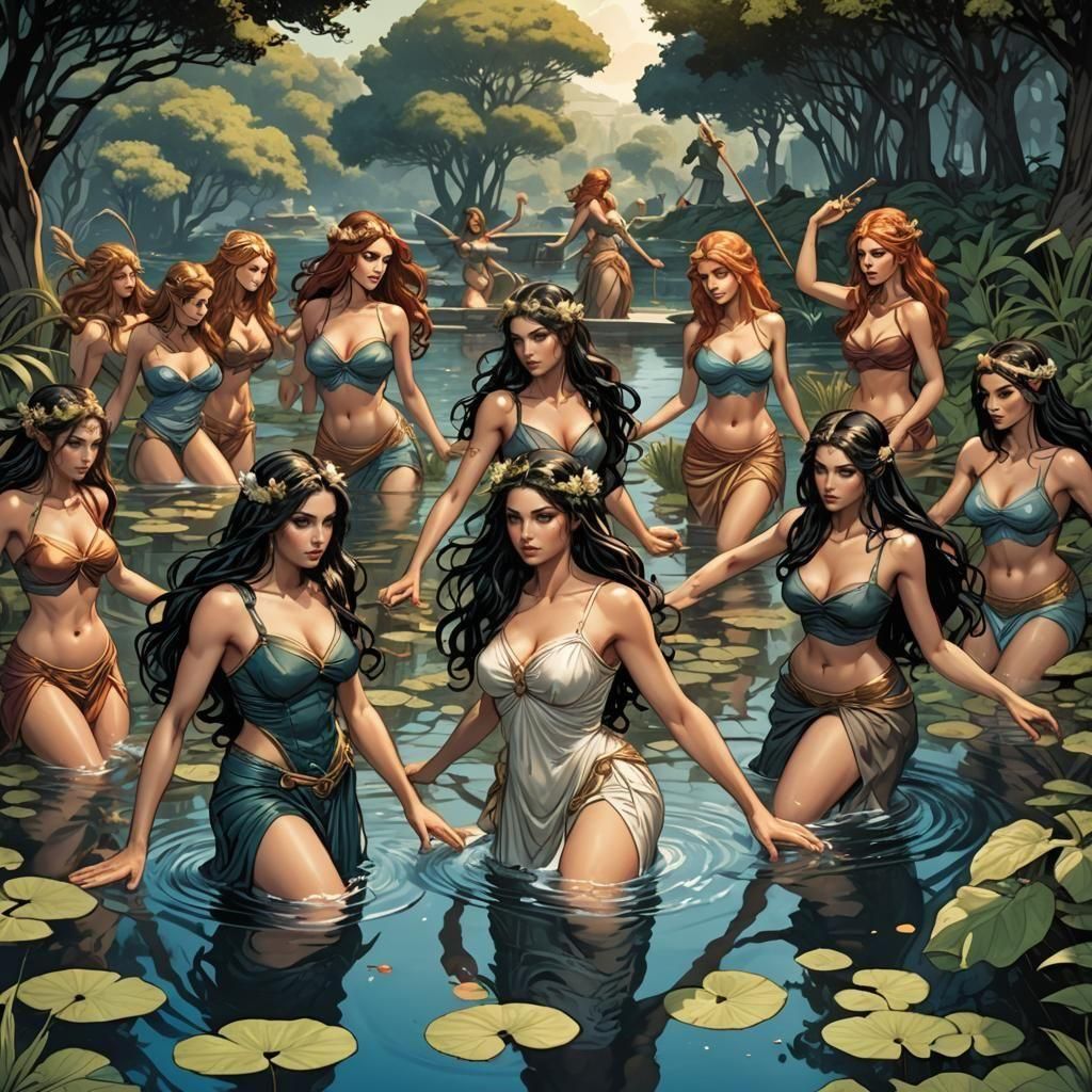 Greek Nymphs Playing in Pond, Comic Book Art