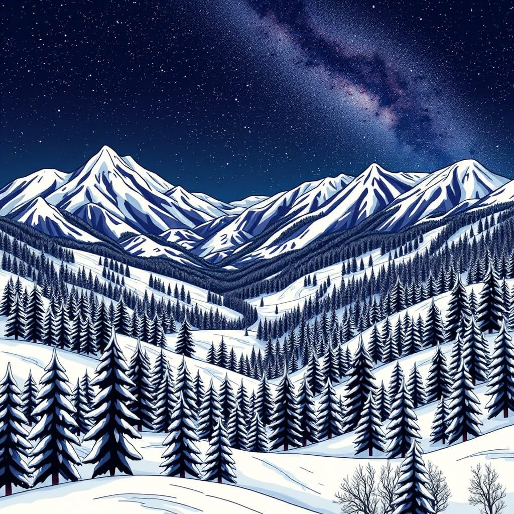 Winter Forest Under Milky Way: Abstract Vector Art
