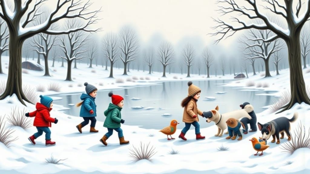 Whimsical Winter Scene of Kids Playing in Snow