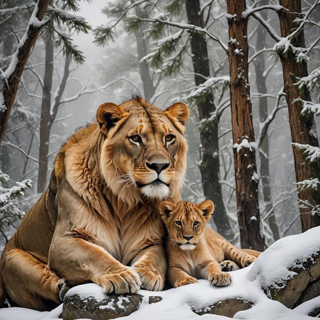 Lionesses in Winter Forest: Matte Painting