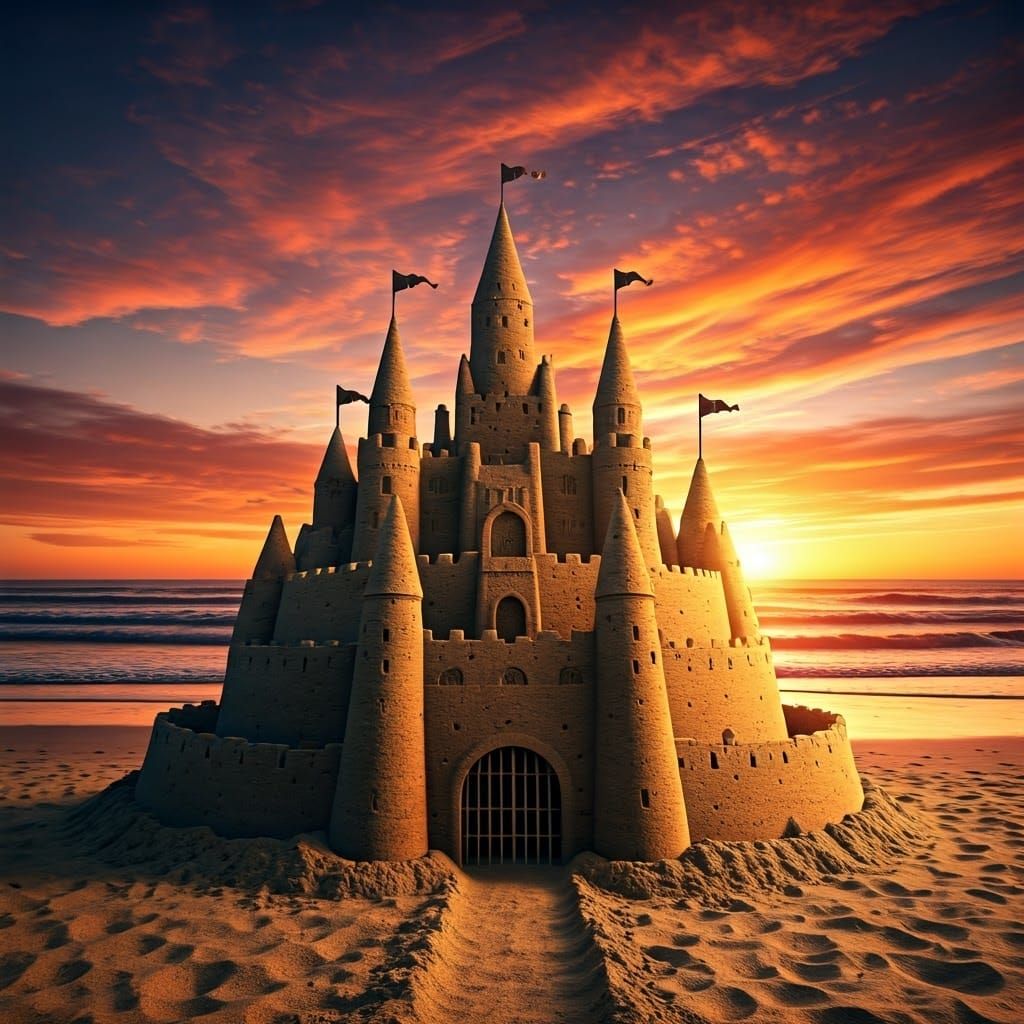 Hyperrealistic Sandcastle at Sunset Beach Scene