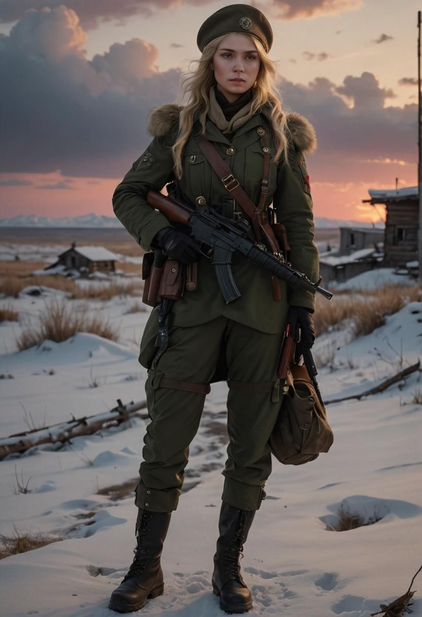 Hyperrealistic Portrait of a Beautiful Soldier in Siberia