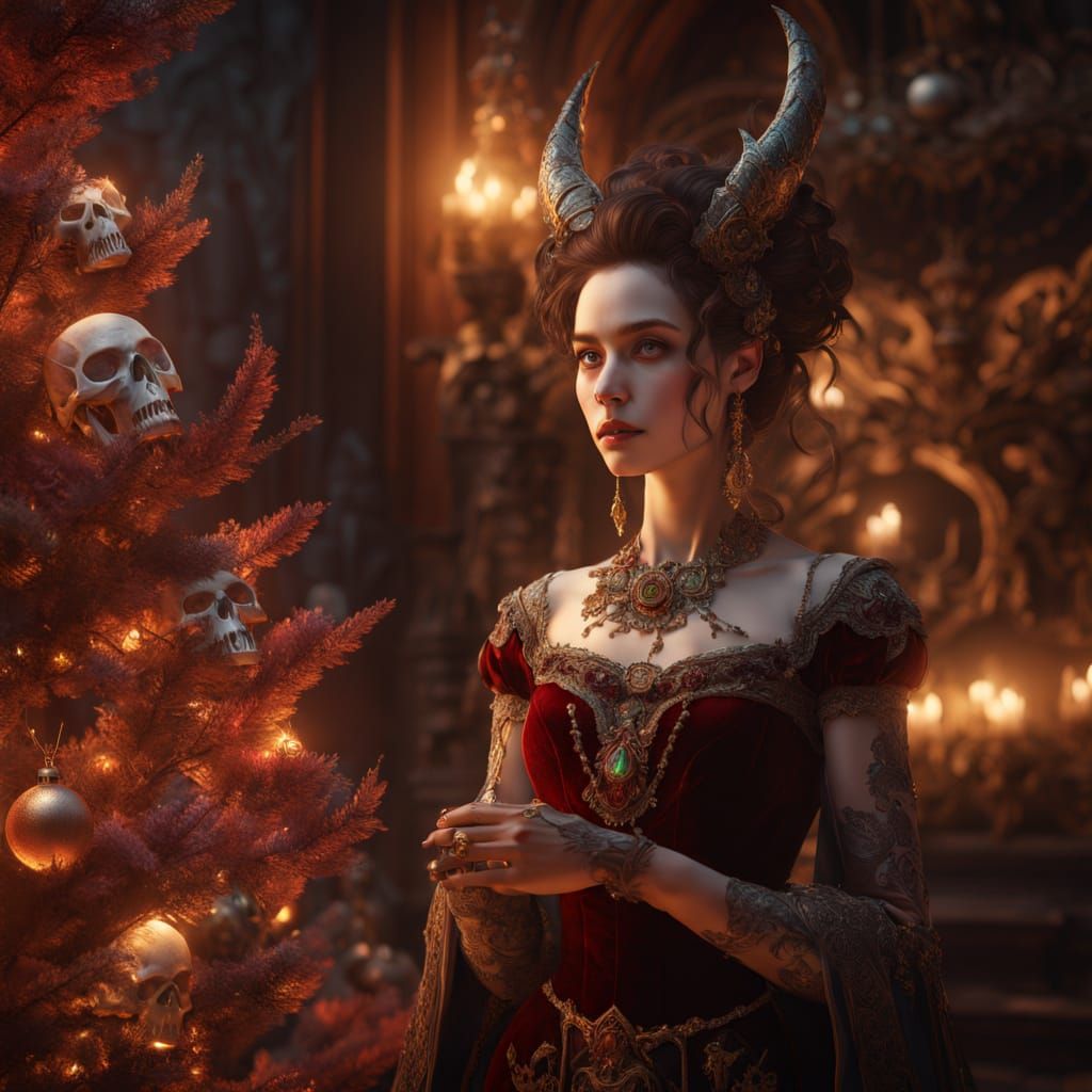 Devil Woman Decorates Tree with Skulls in Ethereal Style