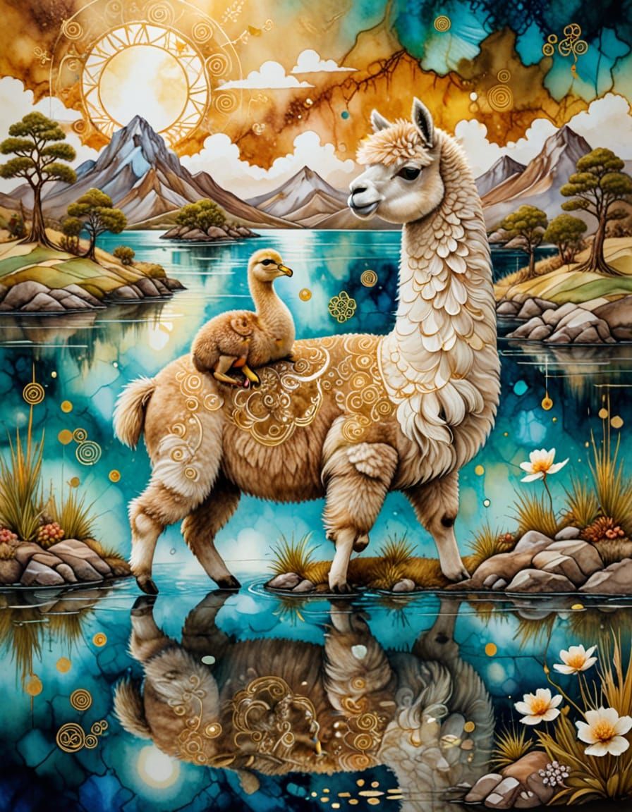Surreal Alpaca and Duckling in Alcohol Ink Style