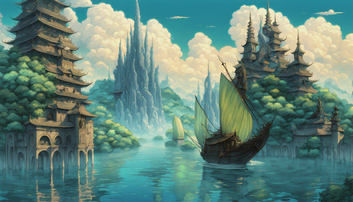 Underwater Metropolis in Yoshitaka Amano Style