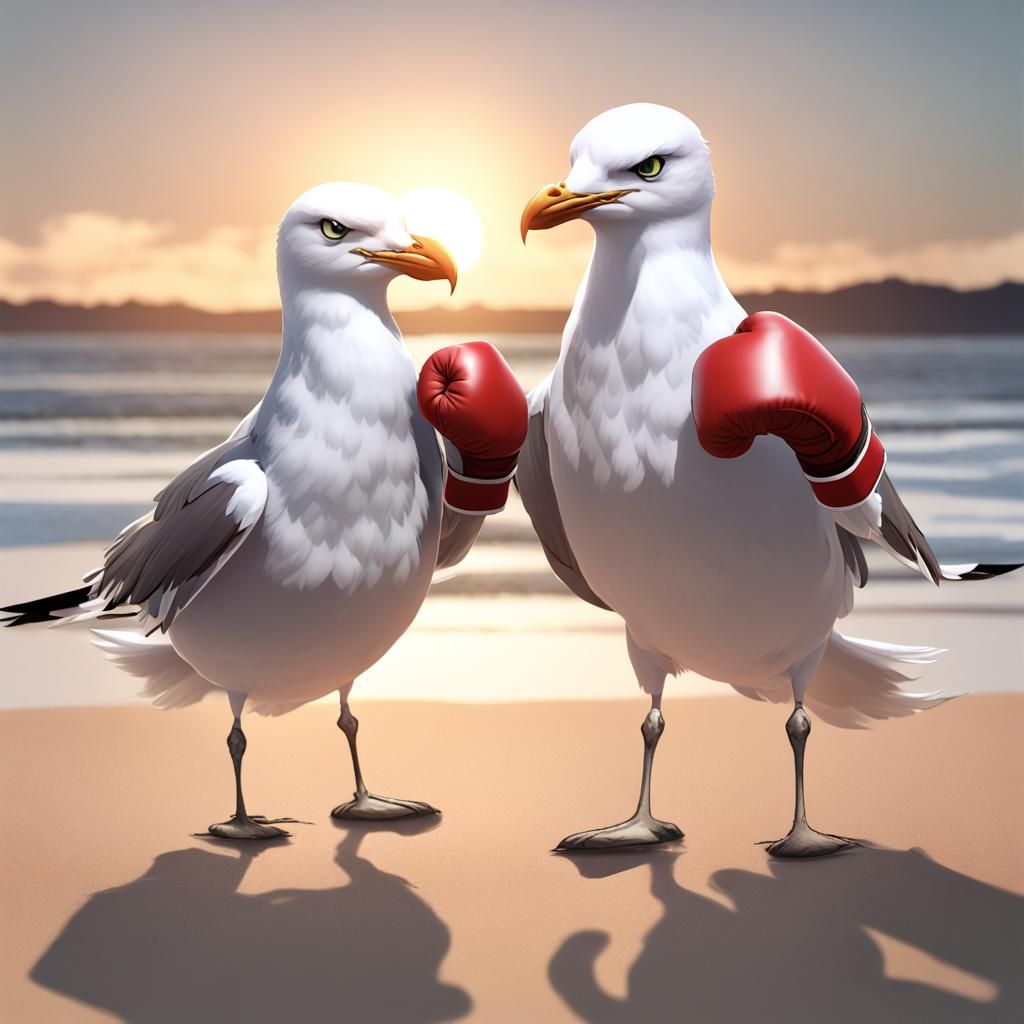 Seagulls Boxing at Beach in 3D Anime Art Style