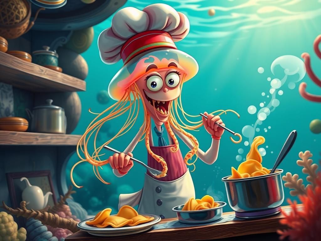 a jellyfish with spaghetti for tentacles, cooking ravioli. comic art