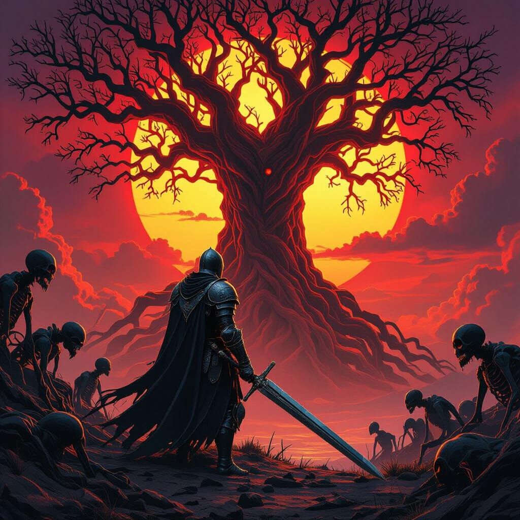 Knight's Last Stand Against a Blood-Red Sunset