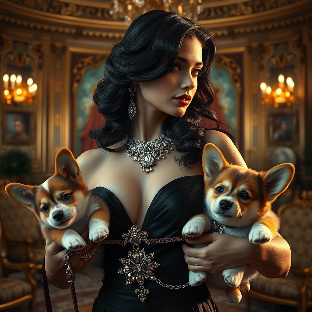 Woman with Corgis in Opulent Mansion