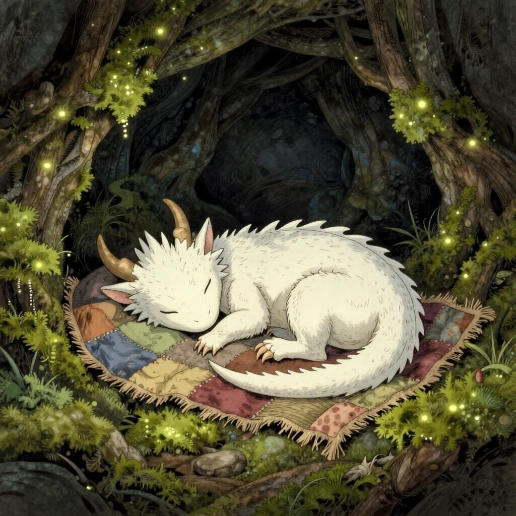 Cozy White Dragon Sleeps in Ancient Cave Illustration