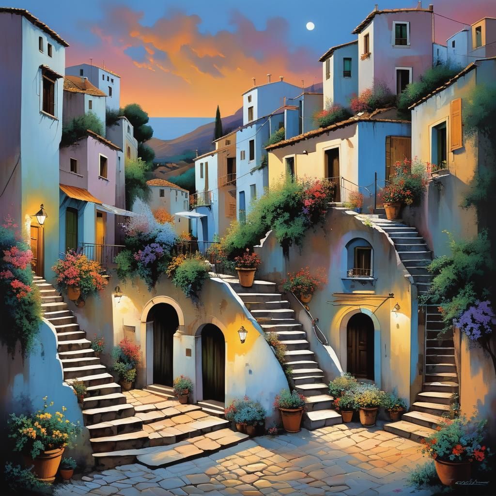 Crete Street Scene in Rainbow Palette
