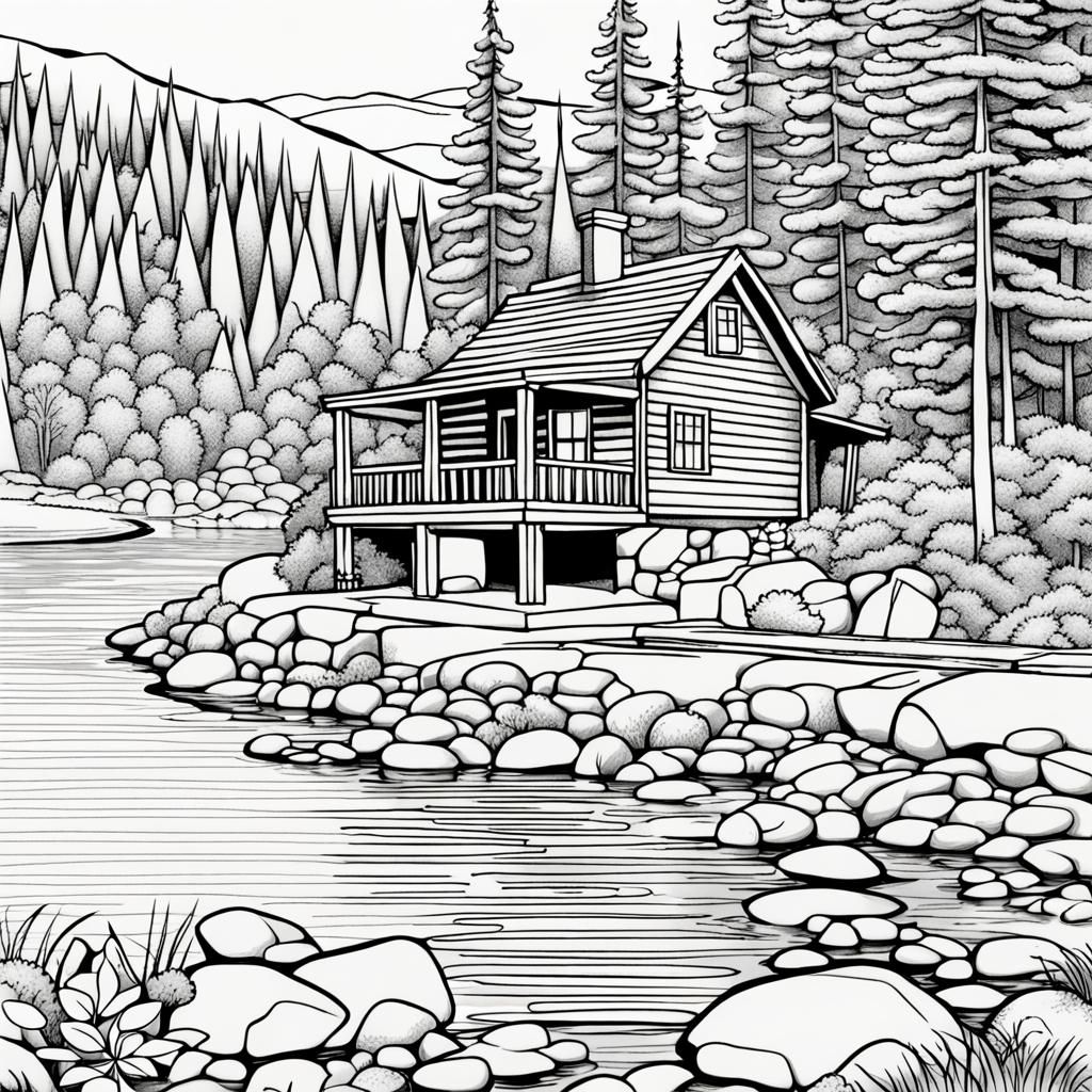 Cabin at River Coloring Page Design