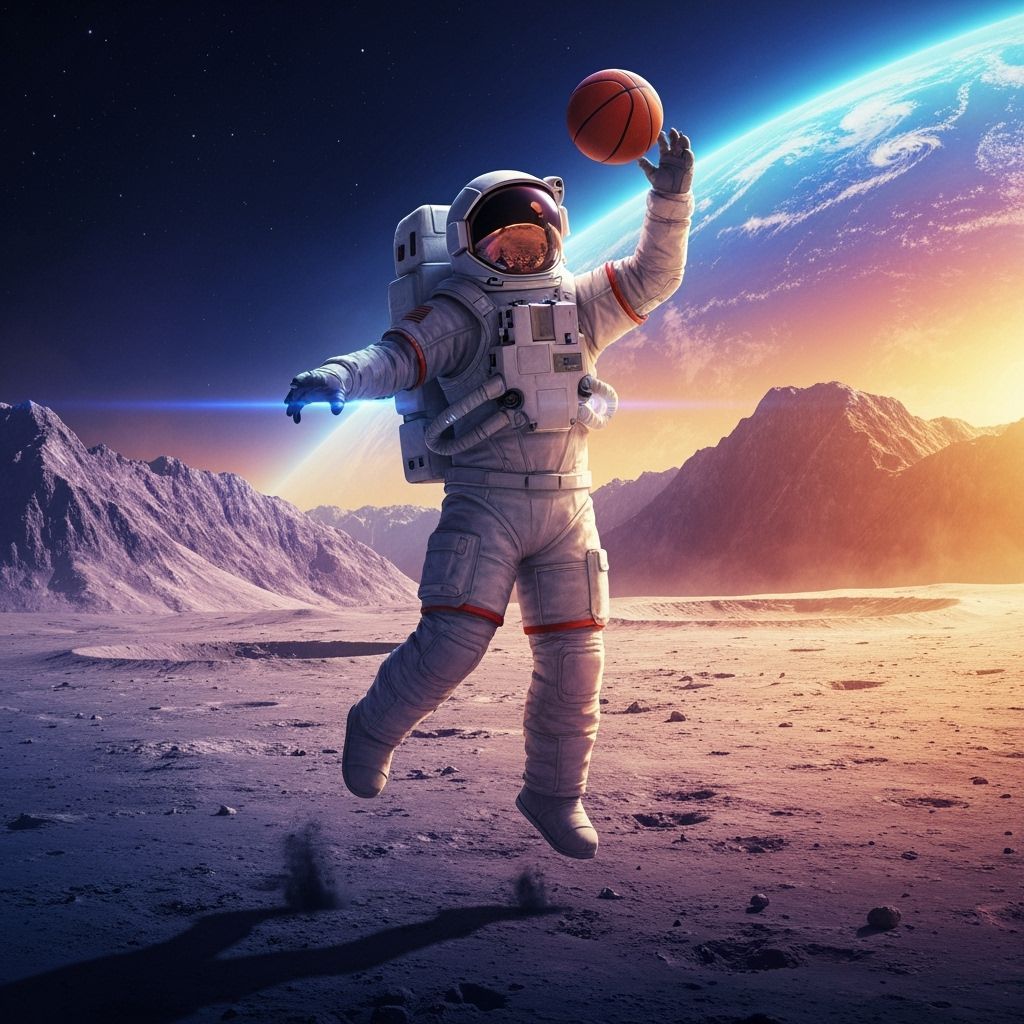 Astronaut Plays Basketball on the Moon in Futuristic Style