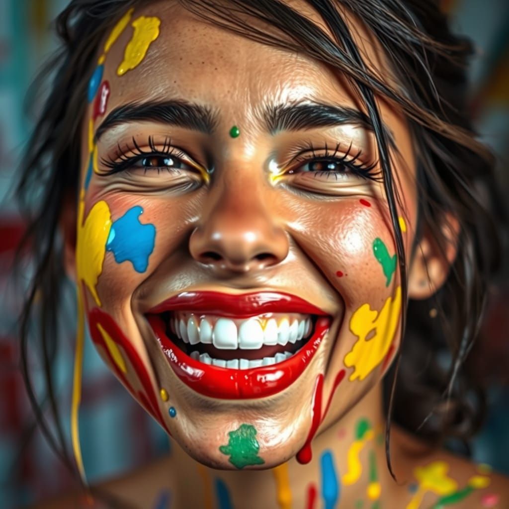Joyful Woman's Face Adorned with Vibrant Paint Splatters