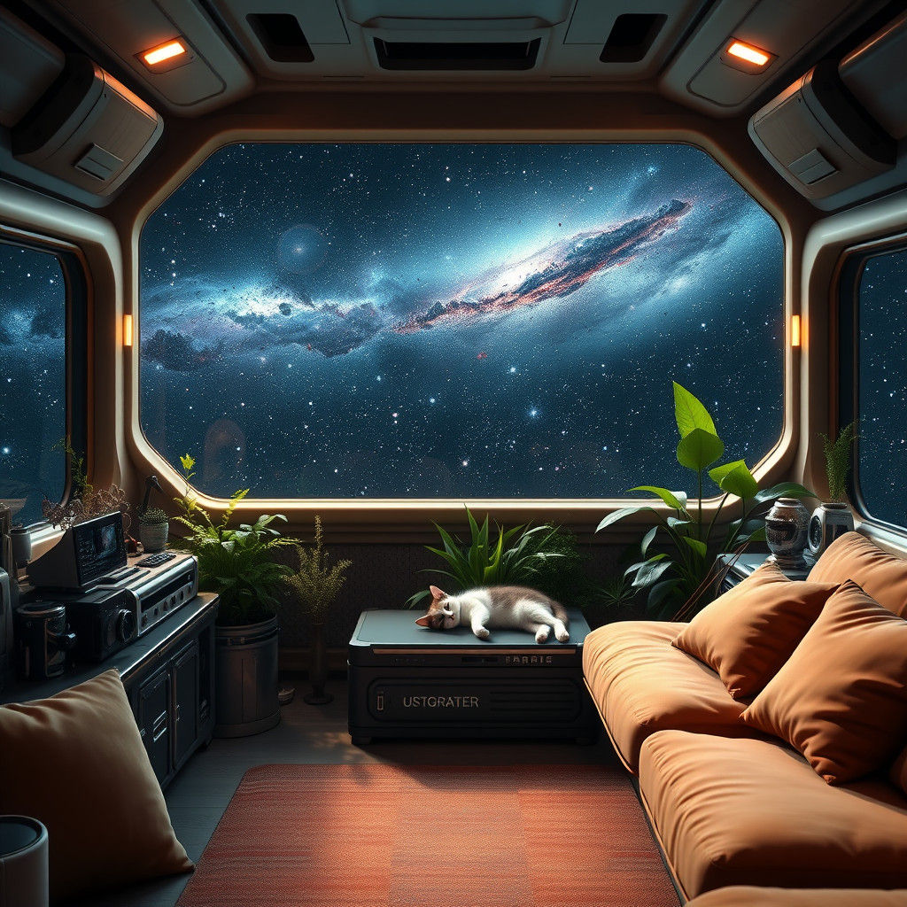 Cozy Space Home with Galaxy View in Cinematic Style