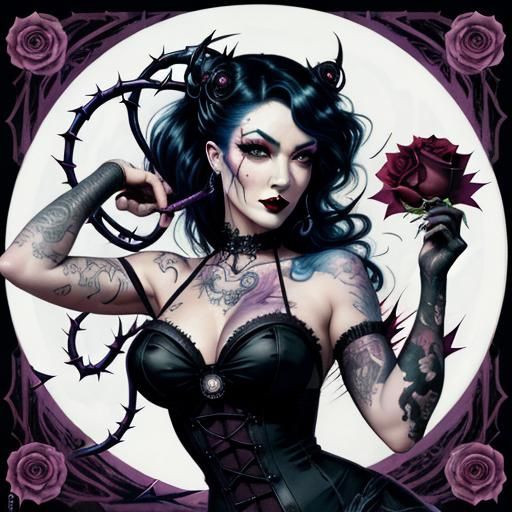 Gothic Pinup with Rose Whip in Art Nouveau Style