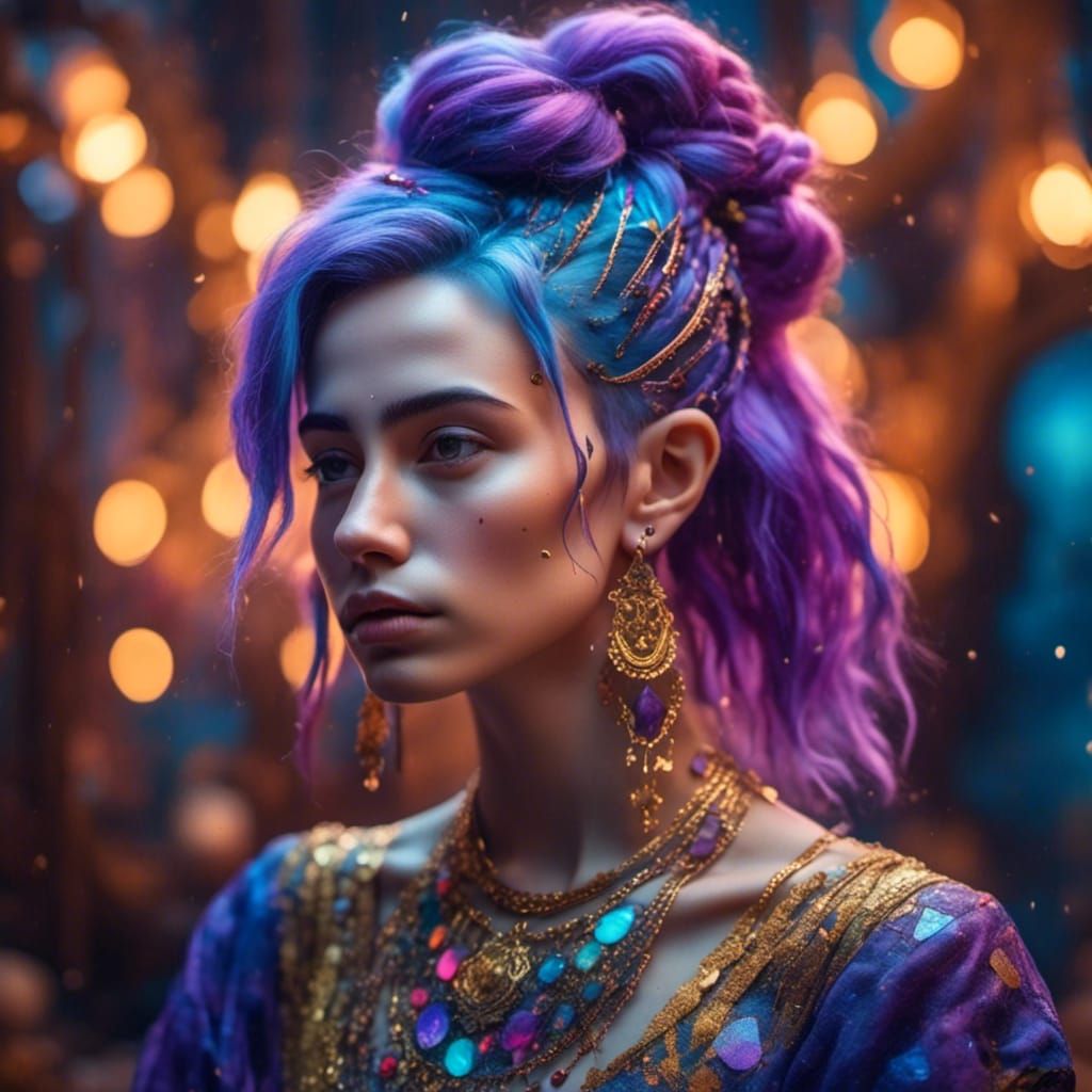 Woman with Purple Hair in Impressionist Oil Painting