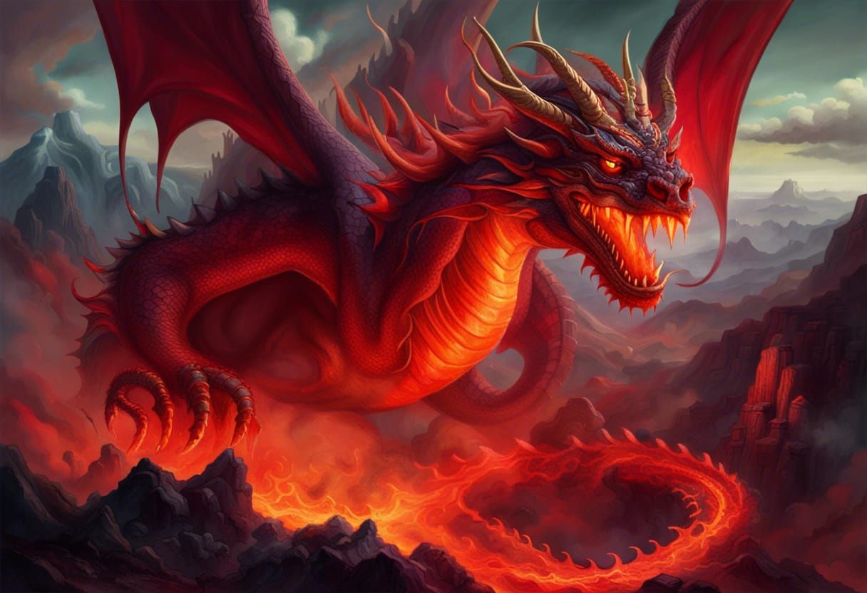Fiery Dragon in Mountain Landscape: Fantasy Concept Art