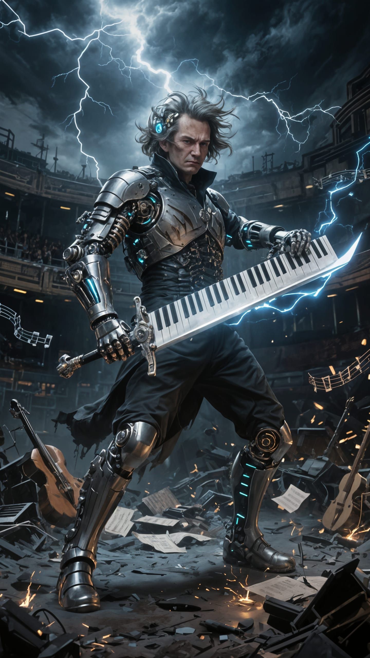 Beethoven as Futuristic Cyborg Warrior with Piano Keyblade