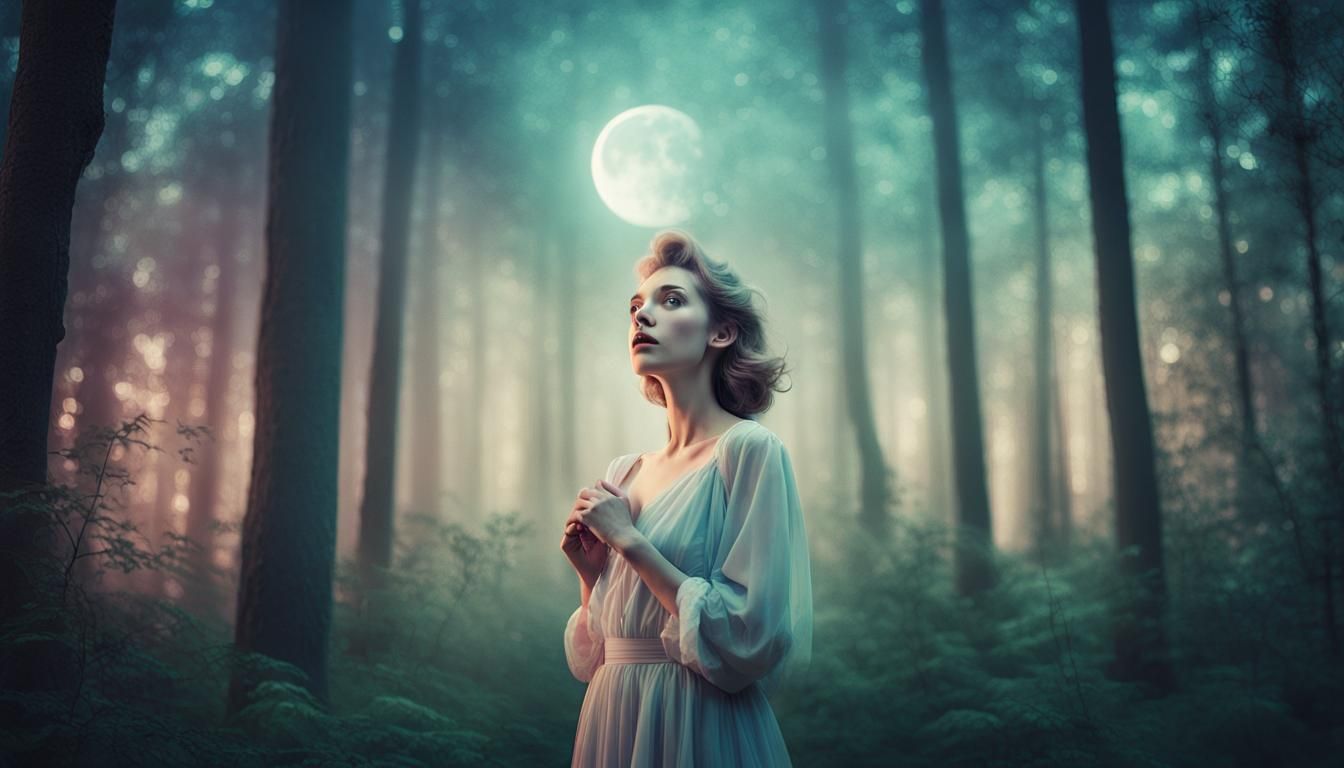 Mysterious Woman in Moonlit Forest with Pastel Colors