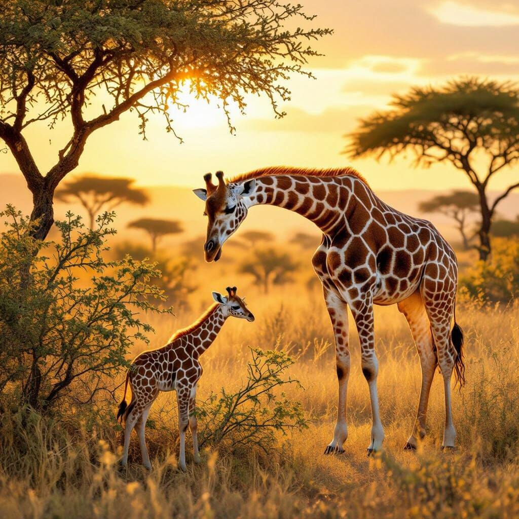 Adult and Young Giraffe Grazing in Golden Savanna Light