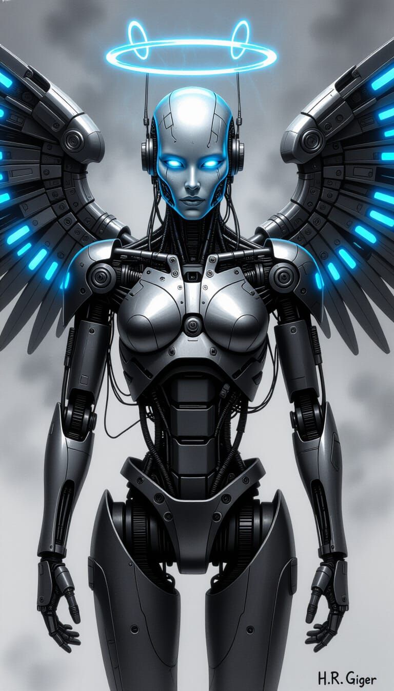 Highly Detailed Charcoal Robot with Glowing Blue Wings