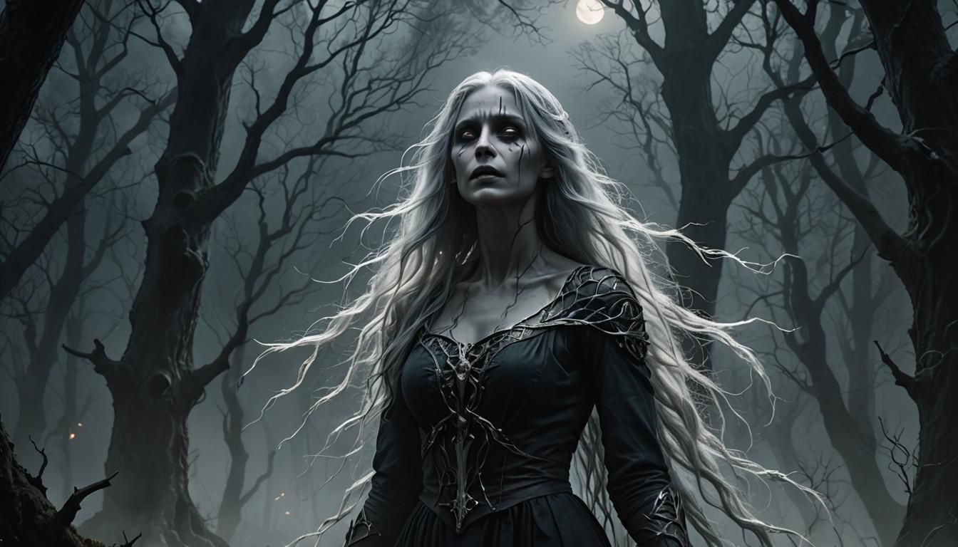 Ethereal Banshee in Misty Forest: Dark Fantasy Art