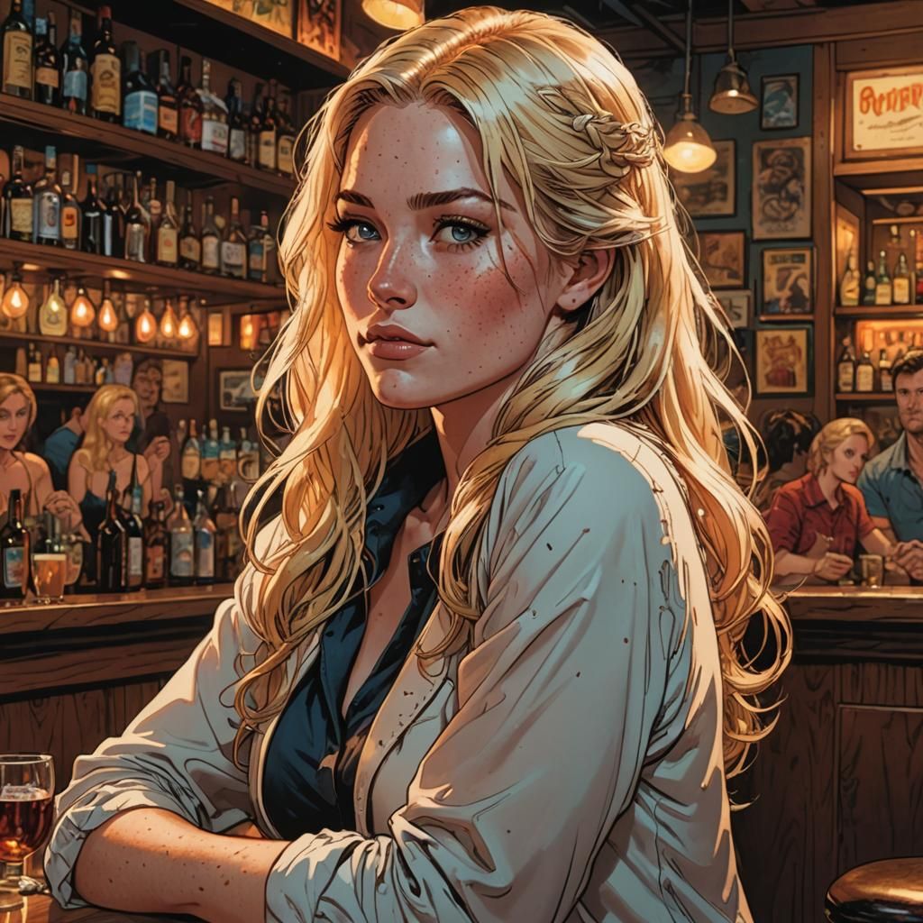 Blonde Woman at Bar in Vibrant Comic Book Style