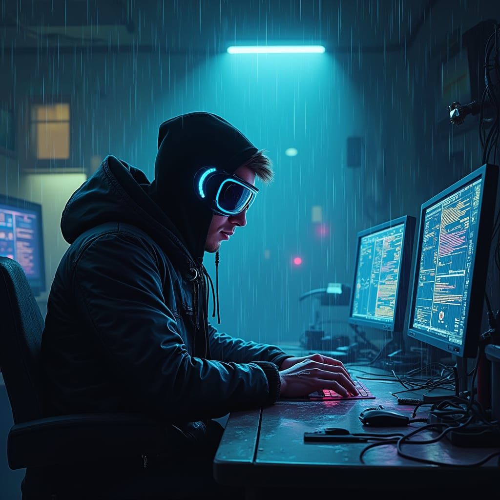 Cyberpunk Hacker in Underground Lab