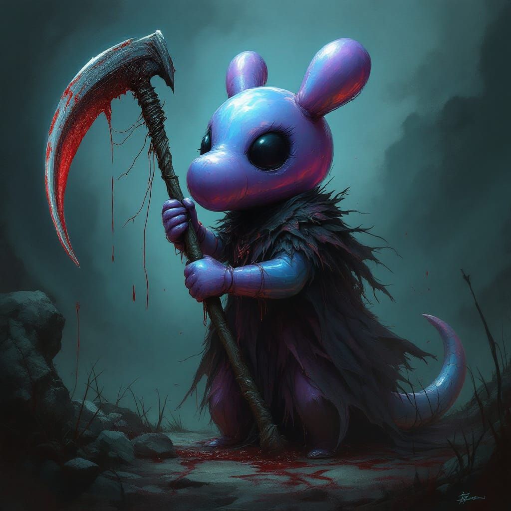 Sinister Balloon Animal with Bloody Scythe in Dark Fantasy S...