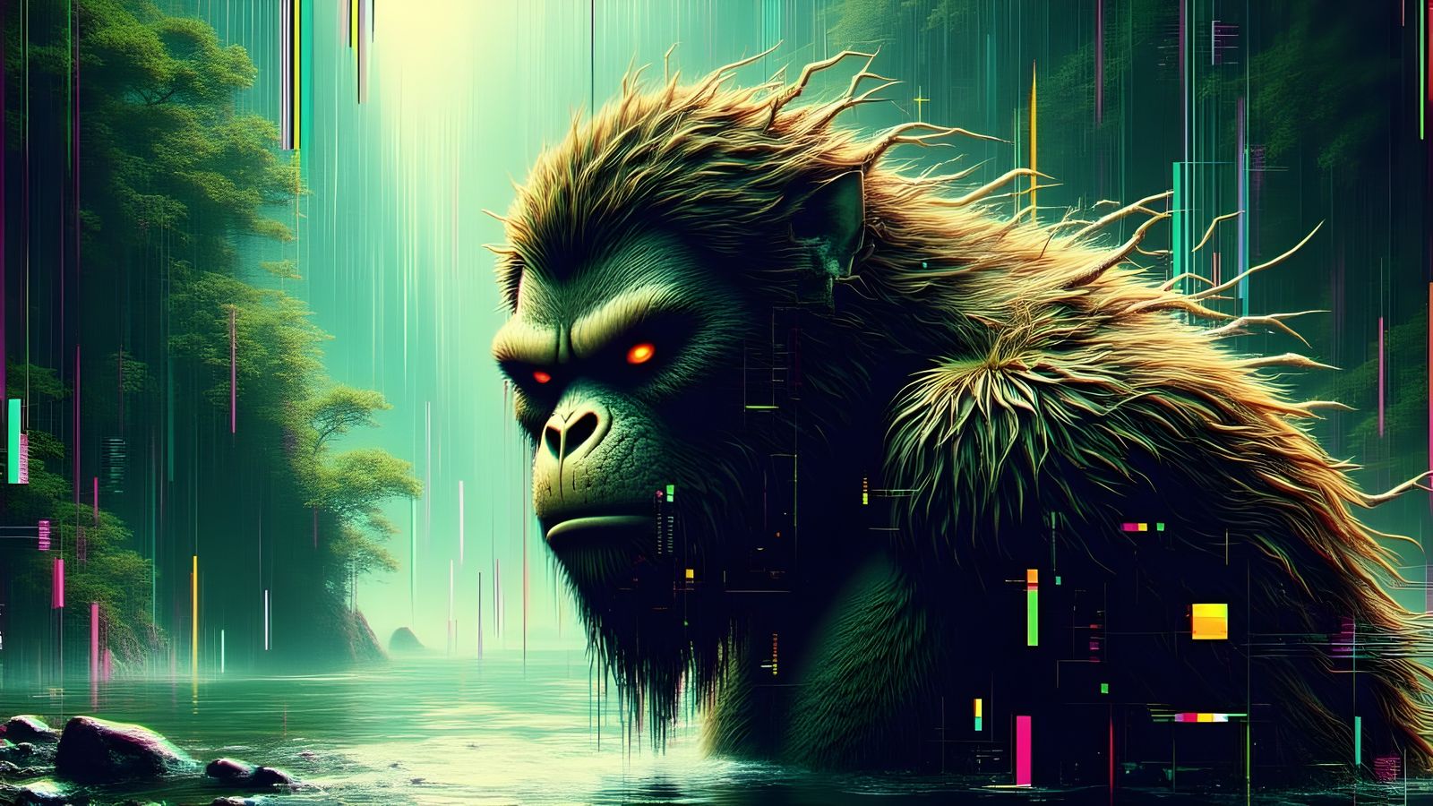 Glitched Sasquatch Bathing: Kintsugi Glitchcore Hyperrealism