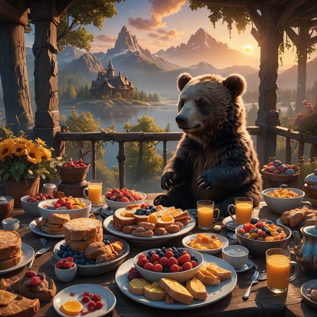 Fluffy Bear Cub's Sunrise Breakfast: Detailed Digital Art