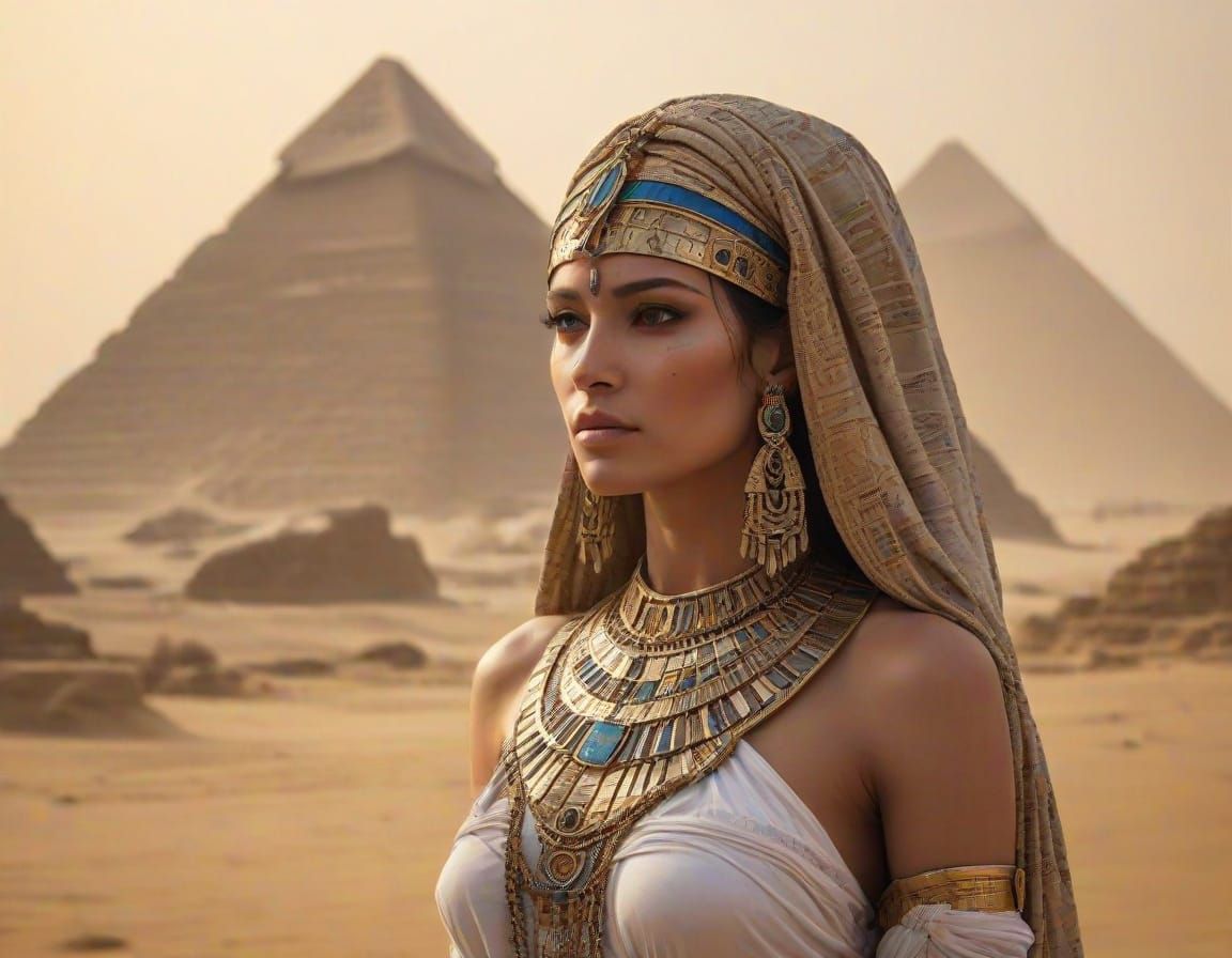 Egyptian Priestess Walks Through Stormy Giza Landscape