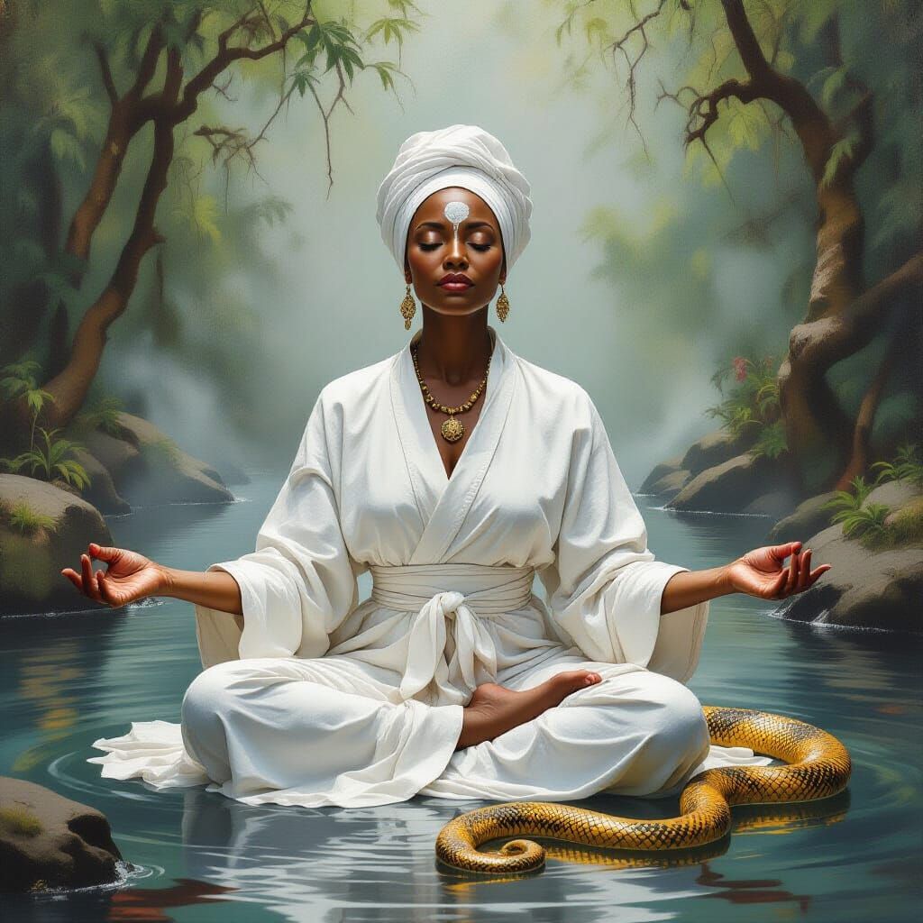Serene African Woman Meditating with Golden Snake