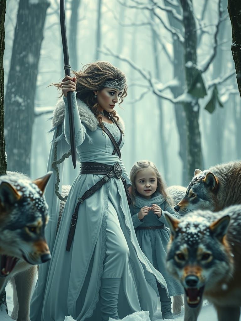 Warrior Woman Defends Child in Winter Forest