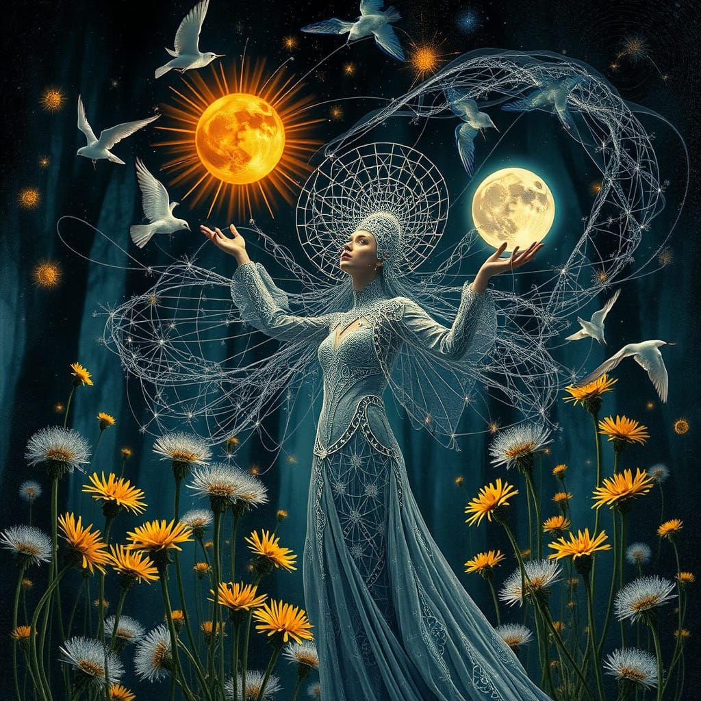 Surreal Transhumanist Goddess Unites Cosmic Forces in Whimsi...