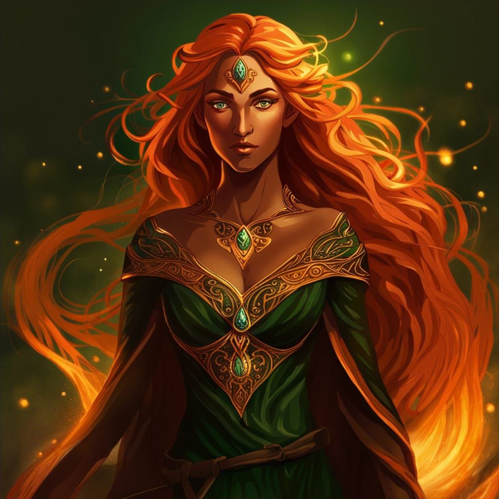 Beautiful Elven Woman with Flowing Flame Hair