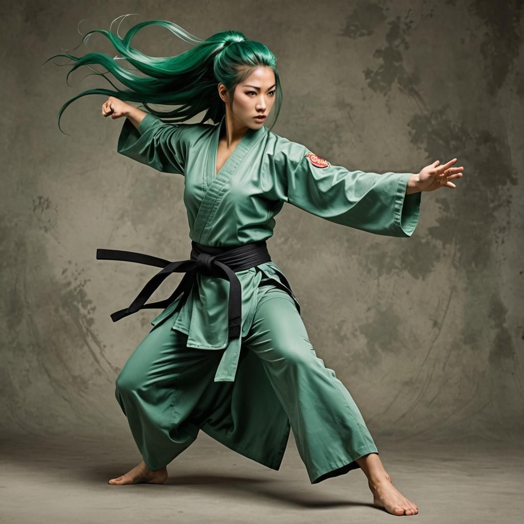Dynamic Female Martial Artist with Flowing Jade Hair