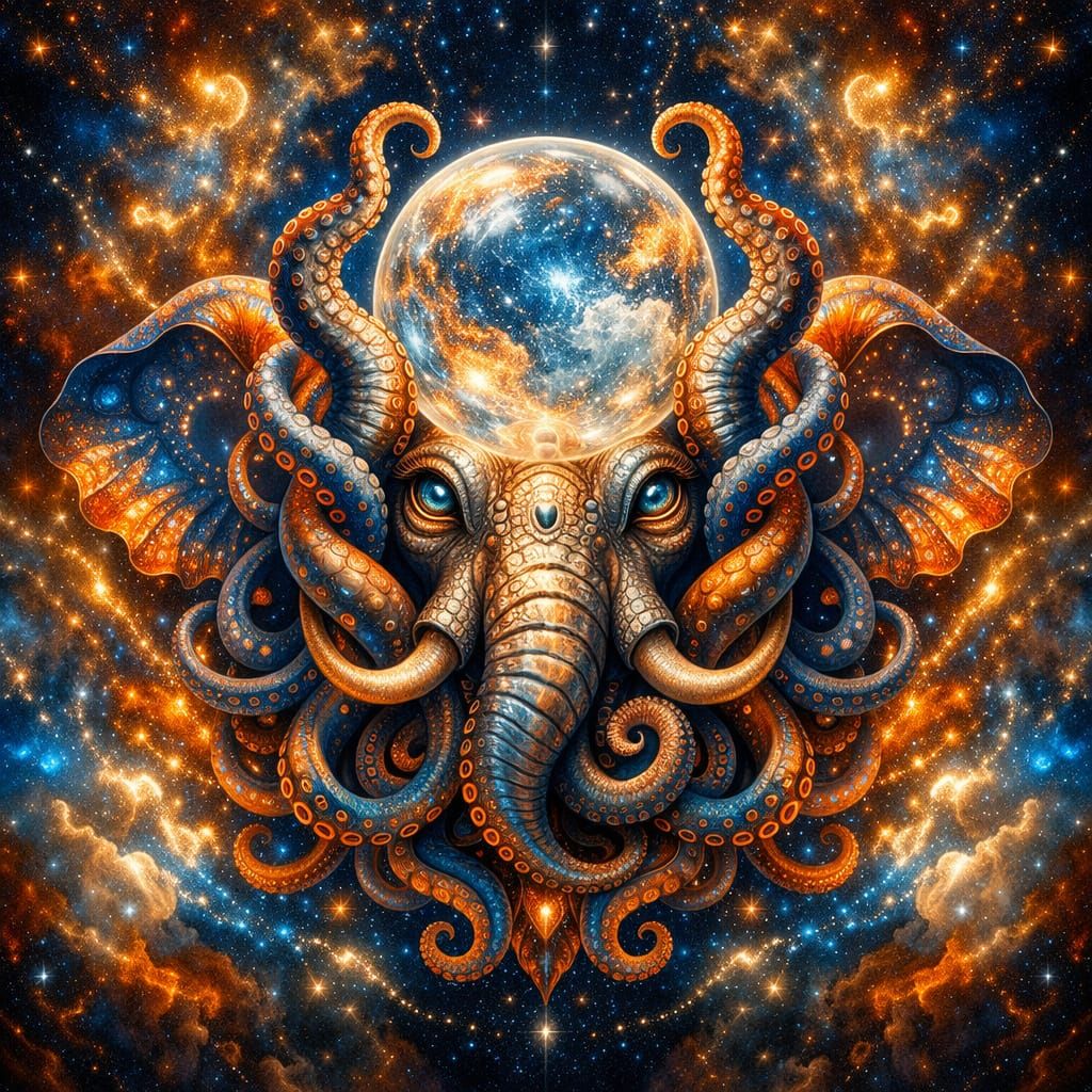 Elephant-Squid Hybrid in Nebula with Glass Moon