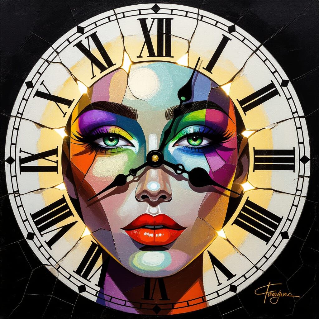 Surreal Face Integrated With Cracked Clock Artwork