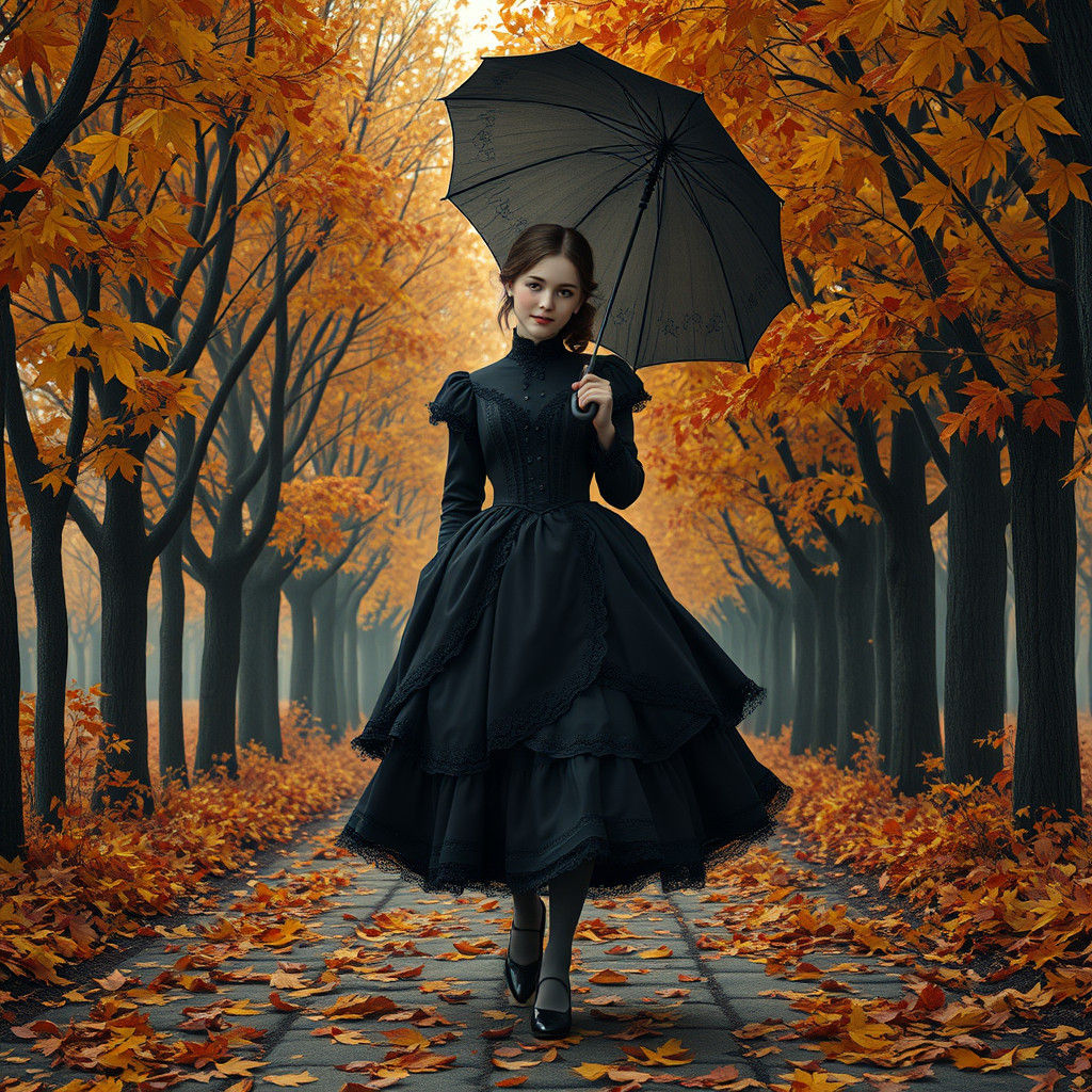 Victorian Girl in Autumn Passage, Fantasy Concept Art