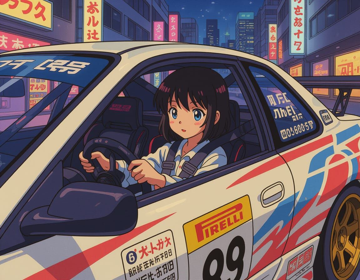 Anime Girl Street Racer in Tokyo at Night